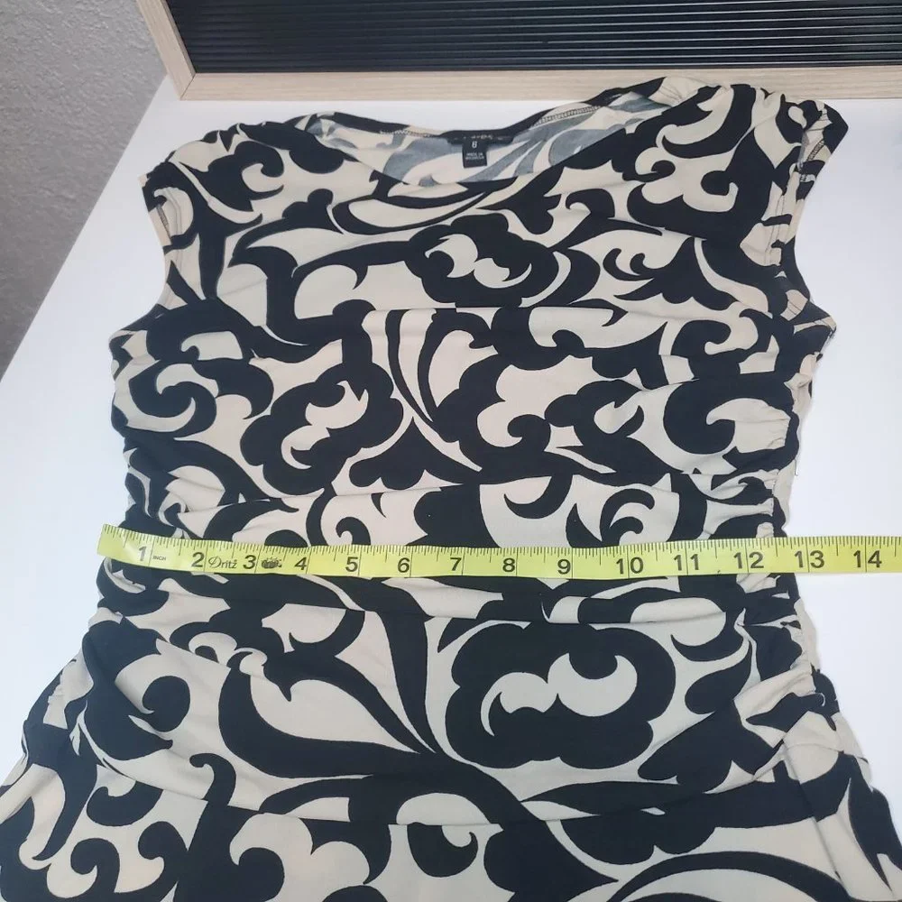 Enfocus Studio I Cream/Black Vine Patterned A-Line Scoop Neck Ruched Dre… - Picture 11 of 14